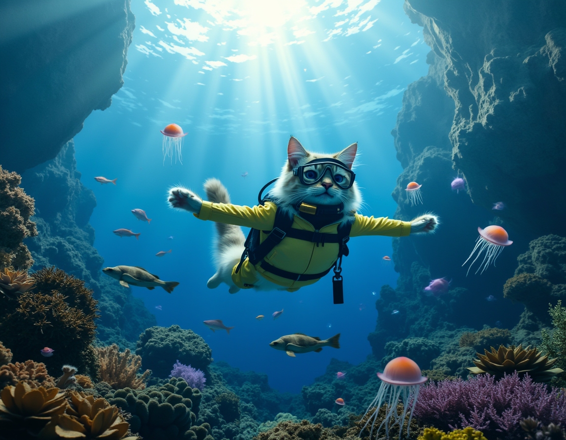 Cat in a wetsuit and diving mask swims through a vibrant underwater scene, surrounded by glowing jellyfish, colorful fish, and coral reefs illuminated by sunlight.